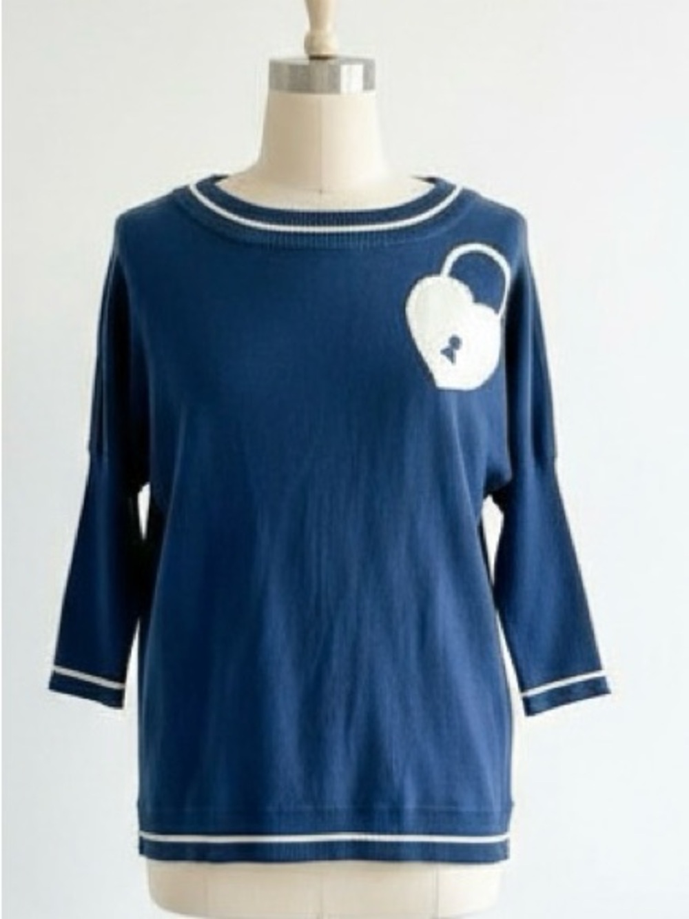 Catherine Malandrino Navy Knit Top with Heart Locket, Size Small Y2K